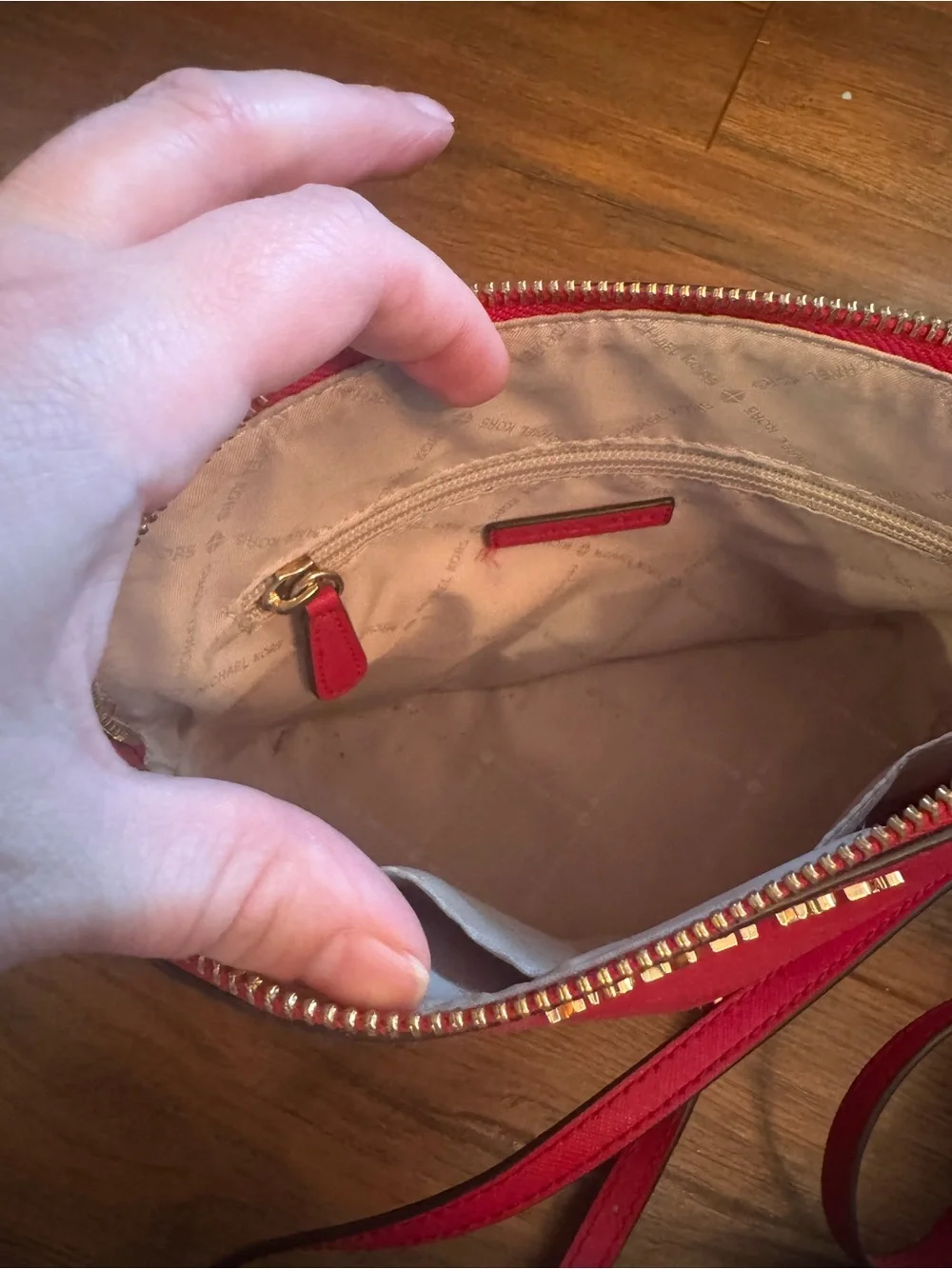 Michael Kors Red Saffiano Crossbody Camera Bag with Chain Detail